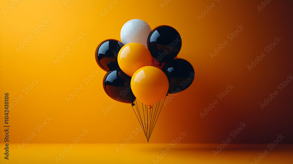 Black, Yellow, and White Balloons Floating on Orange Background Black, Yellow, and White Balloons Floating on Orange Background