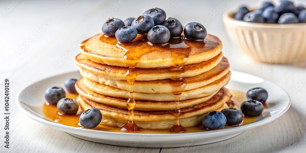Delicious pancakes topped with blueberries and maple syrup on a white background Delicious pancakes topped with blueberries and maple syrup on a white background