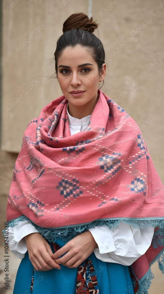 of a woman wearing a coral pink shawl decorated with traditional blue geometric patterns.Her hair is styled in a bun and her makeup is natural and elegant. of a woman wearing a coral pink shawl decorated with traditional blue geometric patterns.Her hair is styled in a bun and her makeup is natural and elegant.