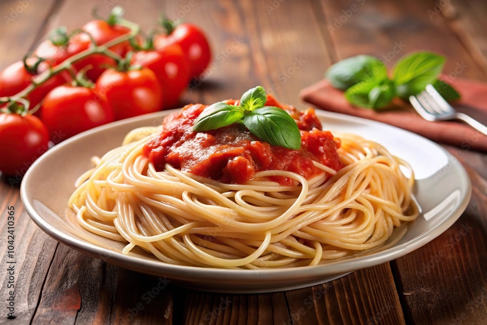 Delicious pasta and spaghetti with tomato sauce on a white plate, tilted angle Delicious pasta and spaghetti with tomato sauce on a white plate, tilted angle