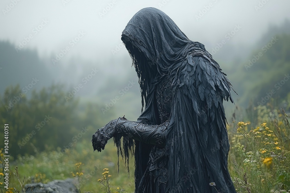 Fototapeta premium A Hooded Figure in a Foggy Forest