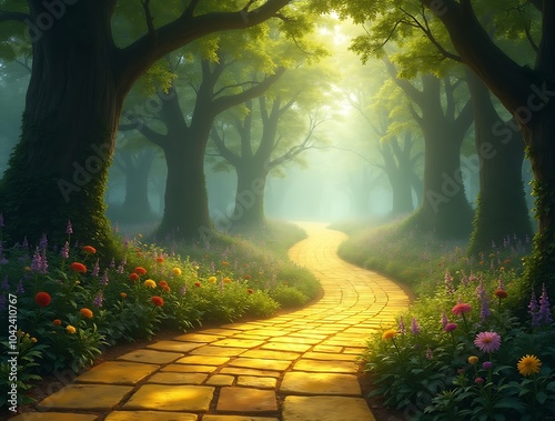 Enchanting Yellow Brick Road Lined with Colorful Flowers and Lush Trees, Creating a Whimsical Pathway Through a Vibrant Landscape