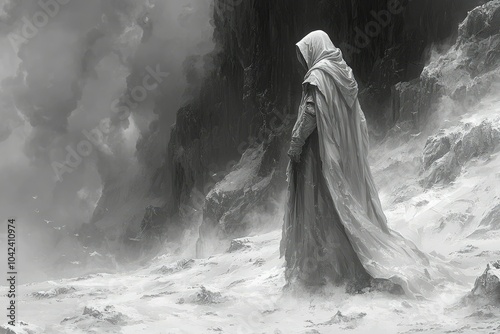 A hooded figure stands on a snowy landscape in a desolate mountainous region.