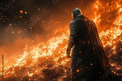 A lone knight stands amidst a fiery inferno, his back to the viewer. photo