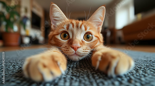 A playful orange cat stretc...