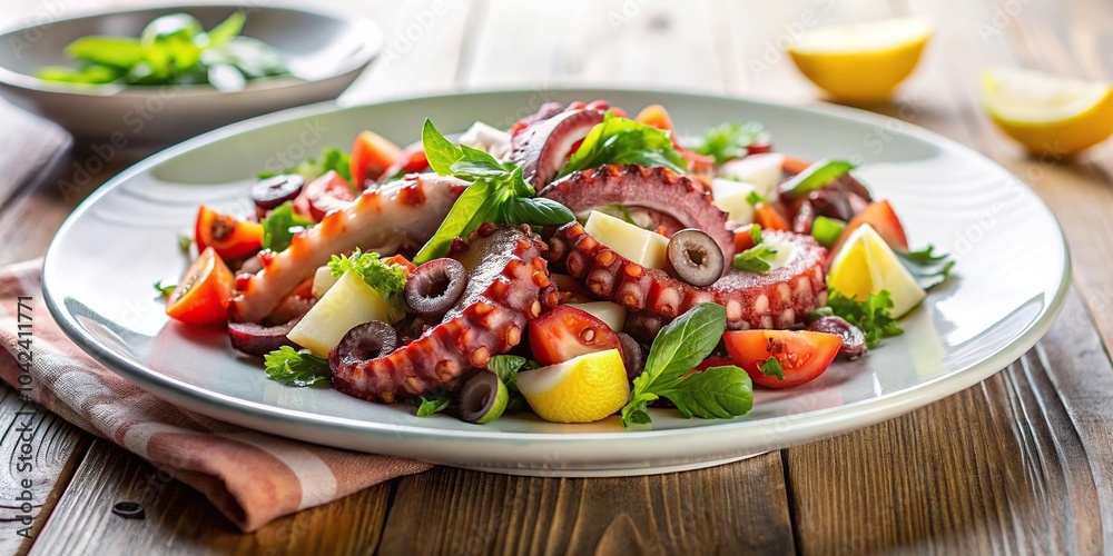 Delicious Portuguese octopus salad with olive oil served on a white plate Delicious Portuguese octopus salad with olive oil served on a white plate