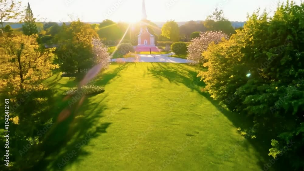Golden Sunlight Streaming Through a Park with a Steeple in the Distance Golden Sunlight Streaming Through a Park with a Steeple in the Distance