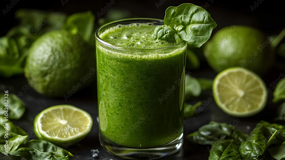 Green smoothie with spinach and lime surrounded by fresh ingredients. Green smoothie with spinach and lime surrounded by fresh ingredients.