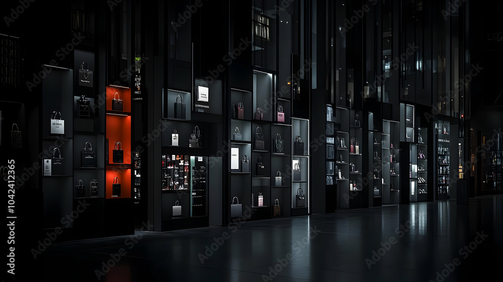 Fototapeta premium Minimalist Black Display Cases with Bags and Products in a Modern Retail Store