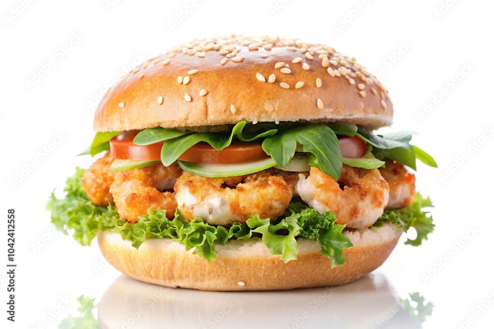 Delicious shrimp burger isolated on white background Delicious shrimp burger isolated on white background