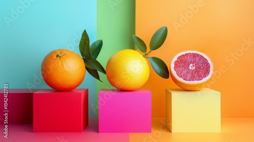 Citrus fruits on colorful blocks with vibrant background photo