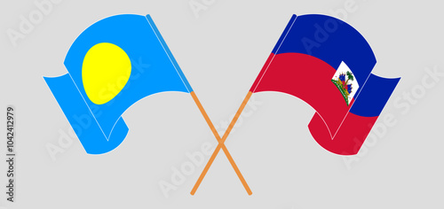 Crossed and waving flags of Palau and Republic of Haiti. Vector illustration