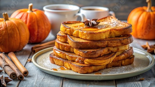 Delicious stack of pumpkin spice French toast with maple syrup