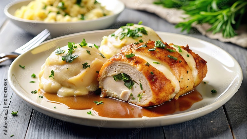 Delicious stuffed chicken dish served with mashed potato and sauce Delicious stuffed chicken dish served with mashed potato and sauce