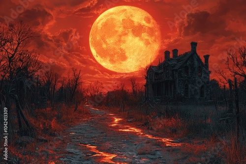 An Abandoned House Under a Blood Red Moon photo
