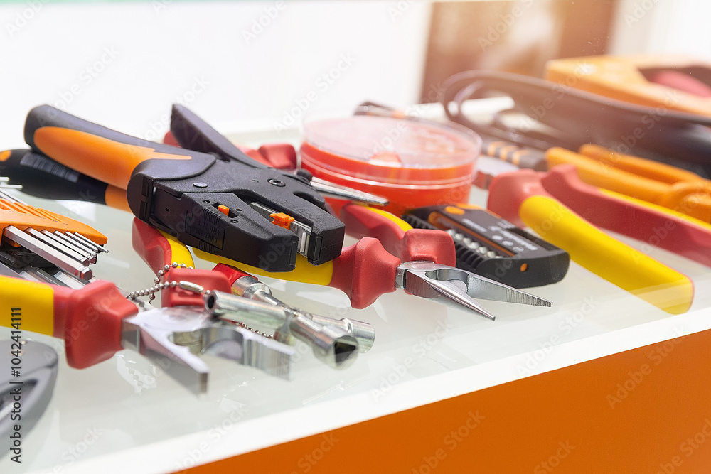 Different electrical tools on display in the store window Different electrical tools on display in the store window