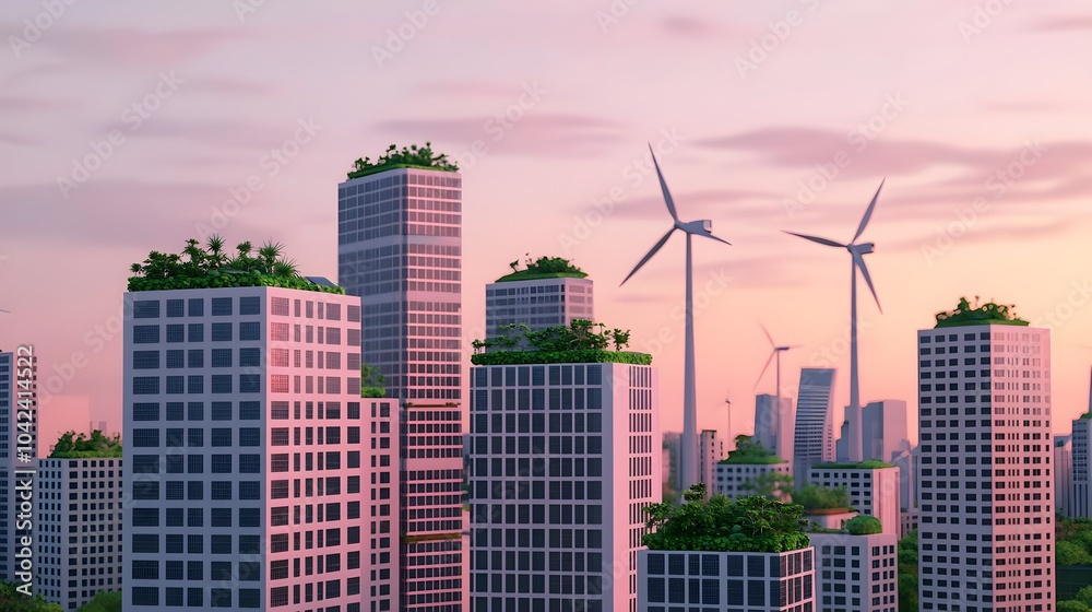 Green Cityscape with Wind Turbines