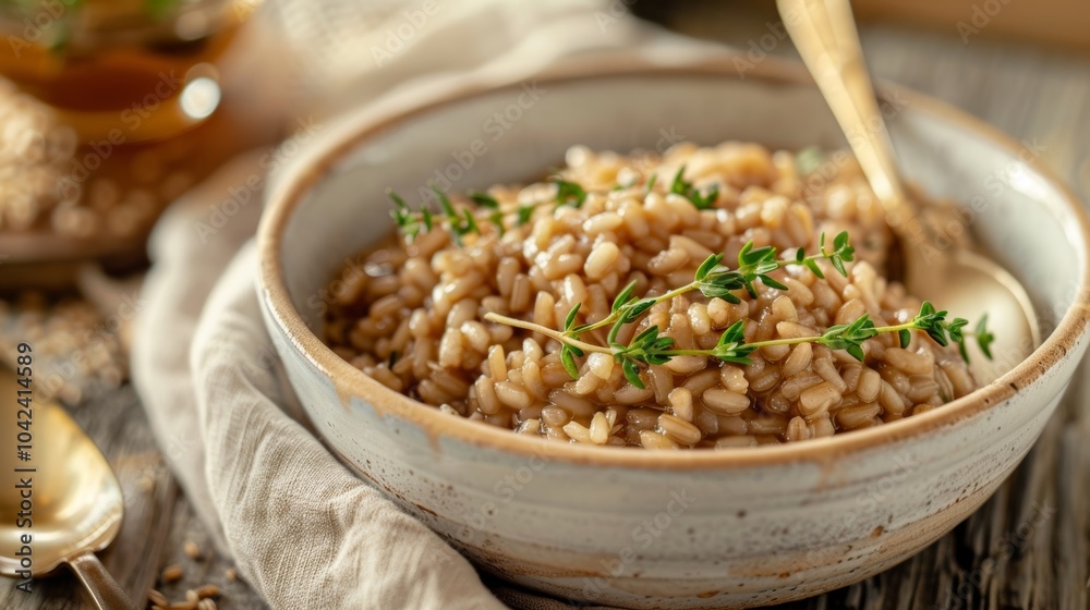 A hearty scoop of buckwheat risotto served in a white ceramic bowl garnished with a sprig of fresh thyme. A hearty scoop of buckwheat risotto served in a white ceramic bowl garnished with a sprig of fresh thyme.