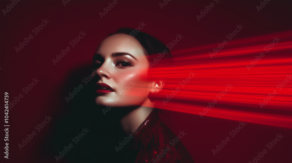 A striking portrait of a woman with dramatic lighting in a deep red setting, creating a captivating atmosphere of mystery and allure