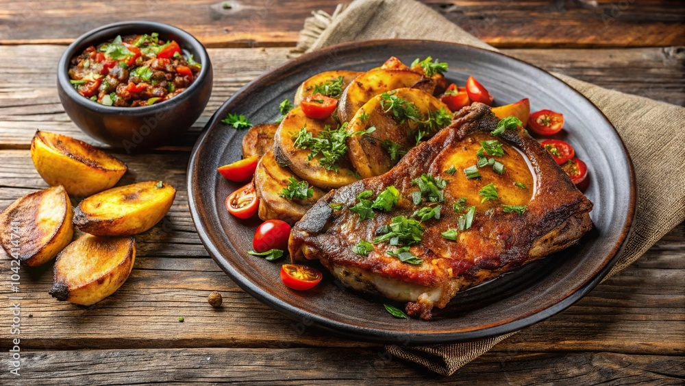 Deliciously Realistic African Braised Pork Chop and Fried Plantain Presentation Medium Shot Deliciously Realistic African Braised Pork Chop and Fried Plantain Presentation Medium Shot