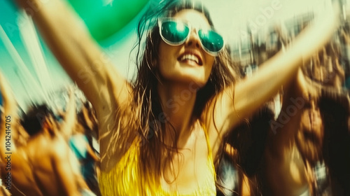 Girls dancing freely at an underground rave during a summer night, filled with energy and vibrant lights in a secret location