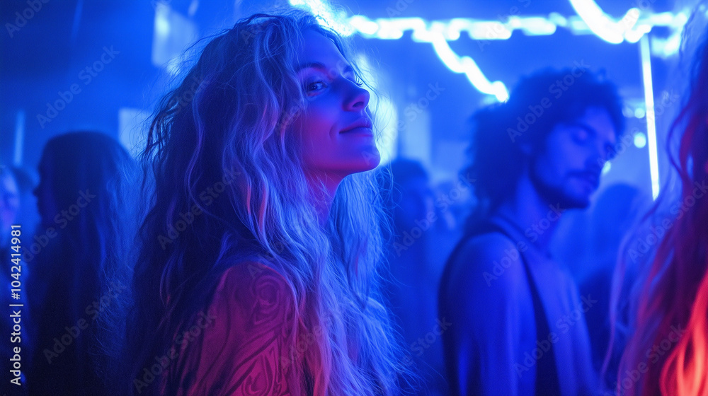 Dancing girls immersed in vibrant lights at an underground rave on a ...
