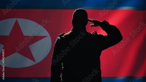 Conscript doing saluting hand gesture towards North Korea flag in command center, showing respect. Military unit in uniform serving in Korean Peoples Army, doing honoring gesturing, camera B photo