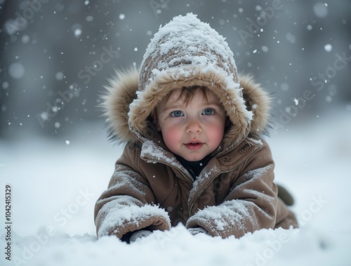 Little child playing in the snow child having fun in snowy weather