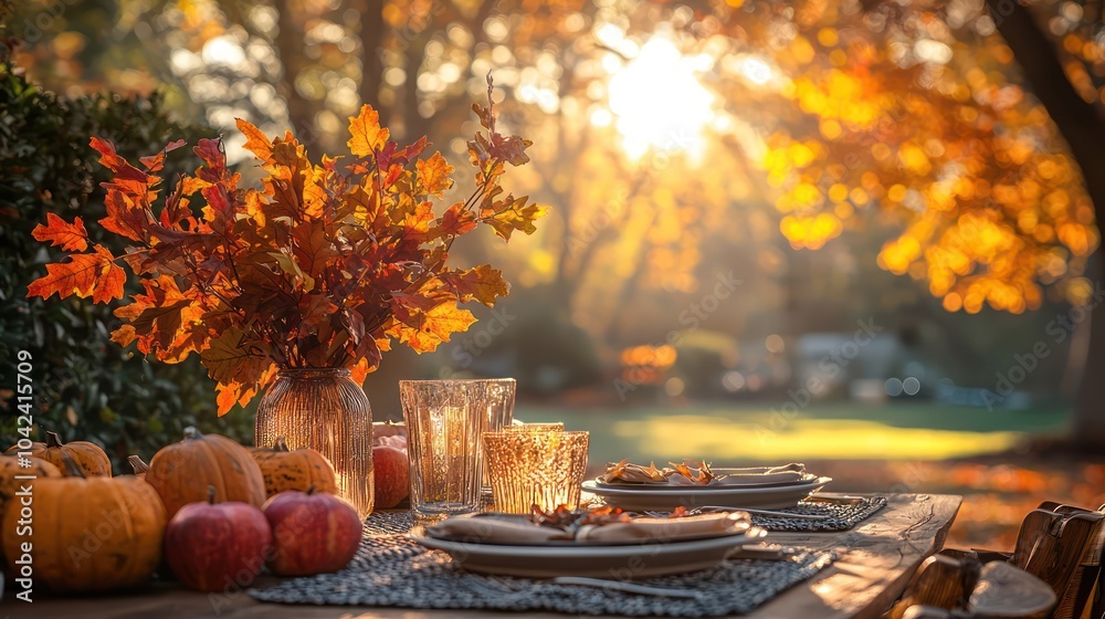 Fall harvest scene with a Thanksgiving table set outdoors under vibrant autumn leaves Fall harvest scene with a Thanksgiving table set outdoors under vibrant autumn leaves