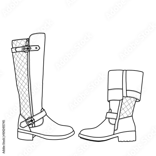 Women's Knee High Boots Fold Over Pointed Toe Stiletto High Heel Boot Shoes Line art, Technical sketch hand drawing outline vector doodle illustration side view isolated on white background
