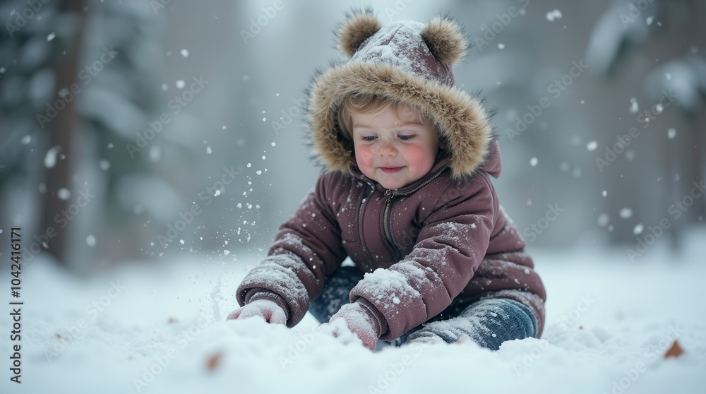 Little child playing in the snow child having fun in snowy weather Little child playing in the snow child having fun in snowy weather