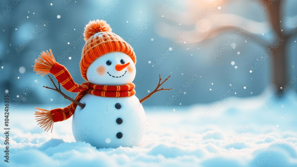 Snowman wearing a scarf and hat standing in a snowy forest Snowman wearing a scarf and hat standing in a snowy forest