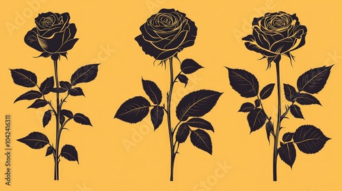 Fototapeta Naklejka Na Ścianę i Meble -  Three black and gold silhouette roses on a yellow background.