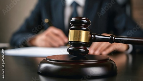 Gavel on desk with blurred figure in suit background, symbolizing authority and legal proceedings.