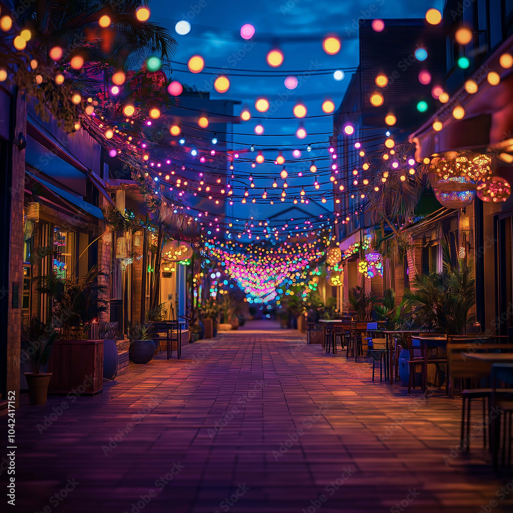 vibrant alleyway illuminated by colorful string lights creates festive atmosphere at night. warm glow enhances inviting ambiance, perfect for evening strolls