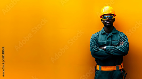 Construction Worker Stands Confidently Against Yellow Wall