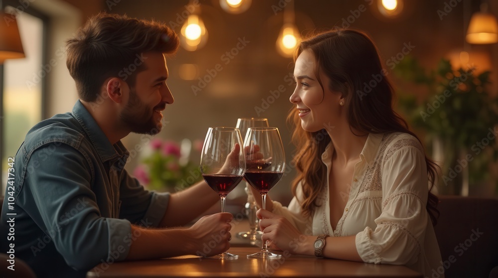 Young couple holding a glass of wine romantic scene in a restaurant Young couple holding a glass of wine romantic scene in a restaurant