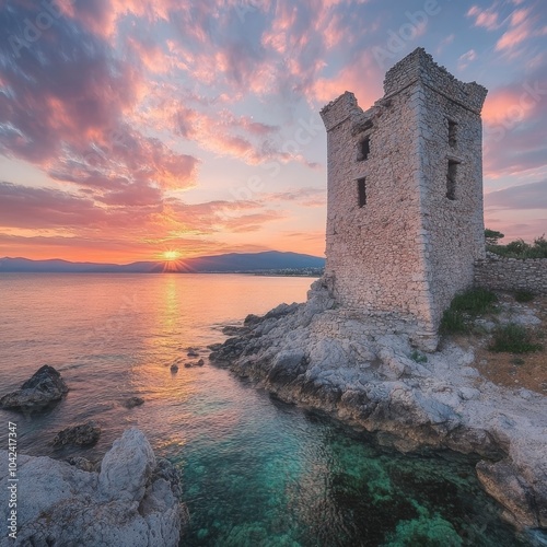 Ouranopoli's medieval tower near the Aegean Sea in Greece photo