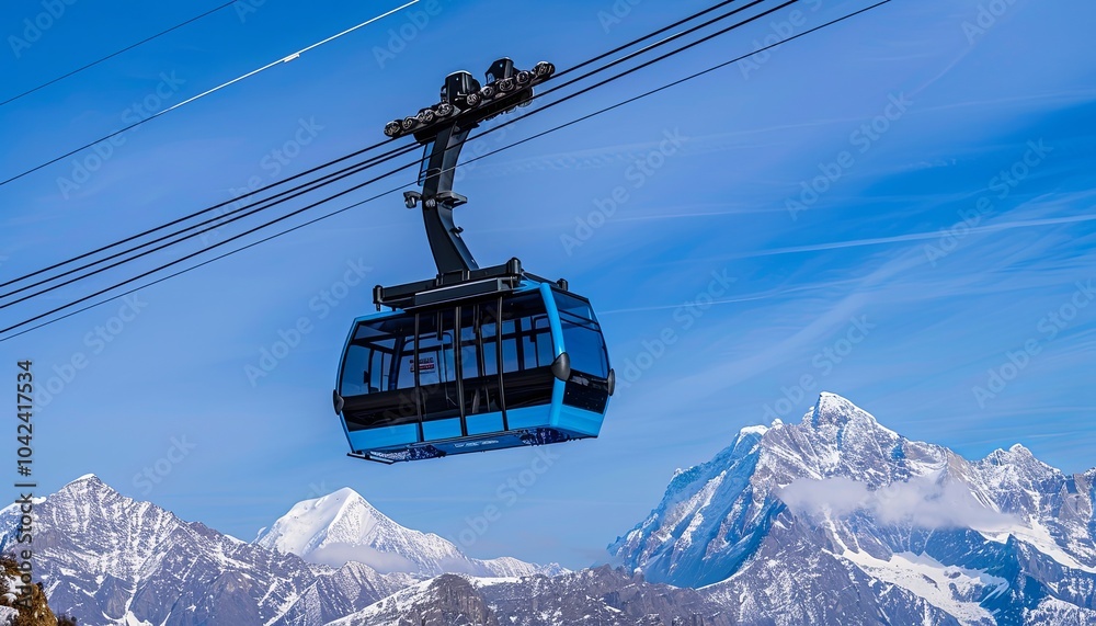 A blue gondola cabin carries passengers on a cable car ride over the snow-capped mountains, offering breathtaking views of the alpine landscape. A blue gondola cabin carries passengers on a cable car ride over the snow-capped mountains, offering breathtaking views of the alpine landscape.