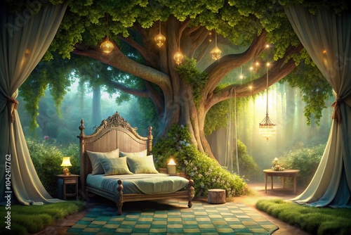 Depth of Field fairy tale style bedroom with a huge tree