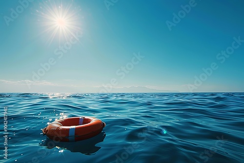 A bright orange life preserver floats in the calm blue water of the ocean, with a bright sun shining in the clear sky and distant mountains in the background.