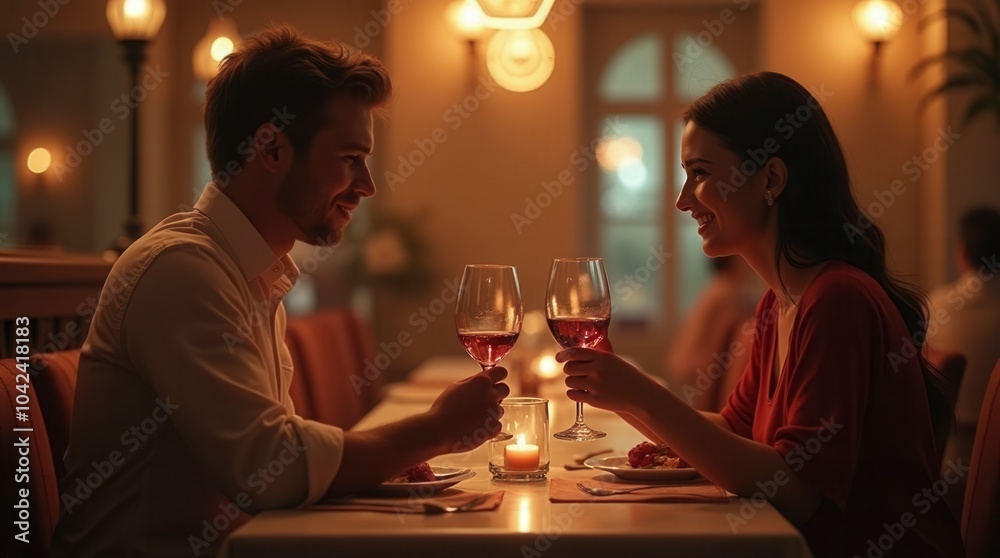 Young couple holding a glass of wine romantic scene in a restaurant Young couple holding a glass of wine romantic scene in a restaurant