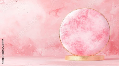 A soft pink backdrop with a circular display stand featuring a watercolor design.