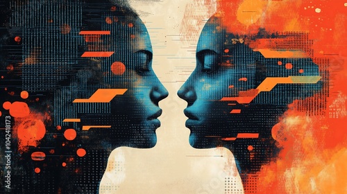 Abstract illustration, bridging of digital and physical worlds, paintbrush merging with binary code on one side, transforming into faces in conversation on the other side