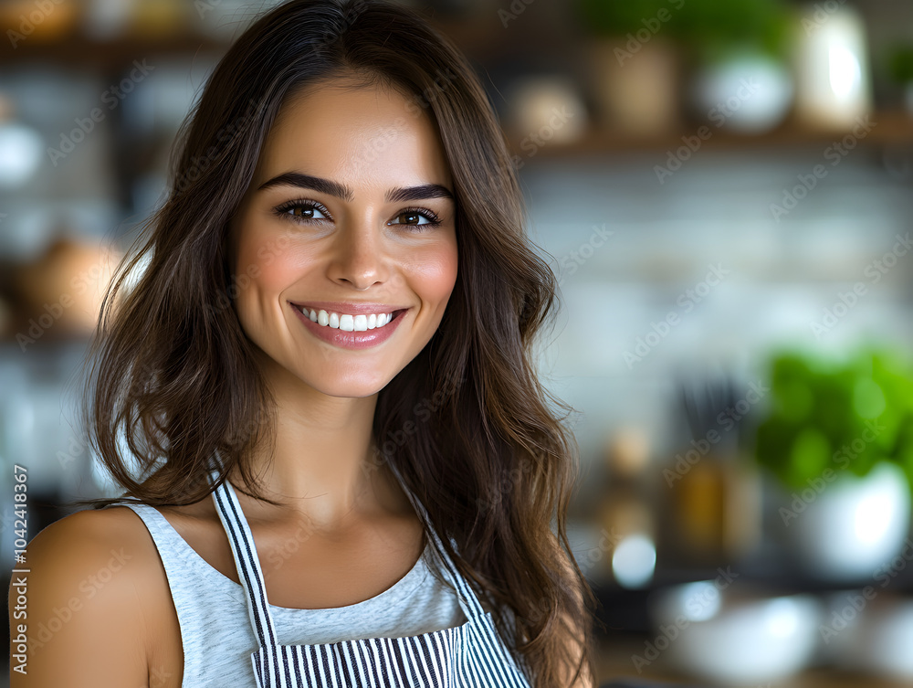 Joyful Female Chef Smiling While Preparing Healthy Food in a Vibrant Kitchen Setting Joyful Female Chef Smiling While Preparing Healthy Food in a Vibrant Kitchen Setting