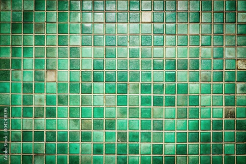 Depth of field green teal tiles wall background with vintage square tiles