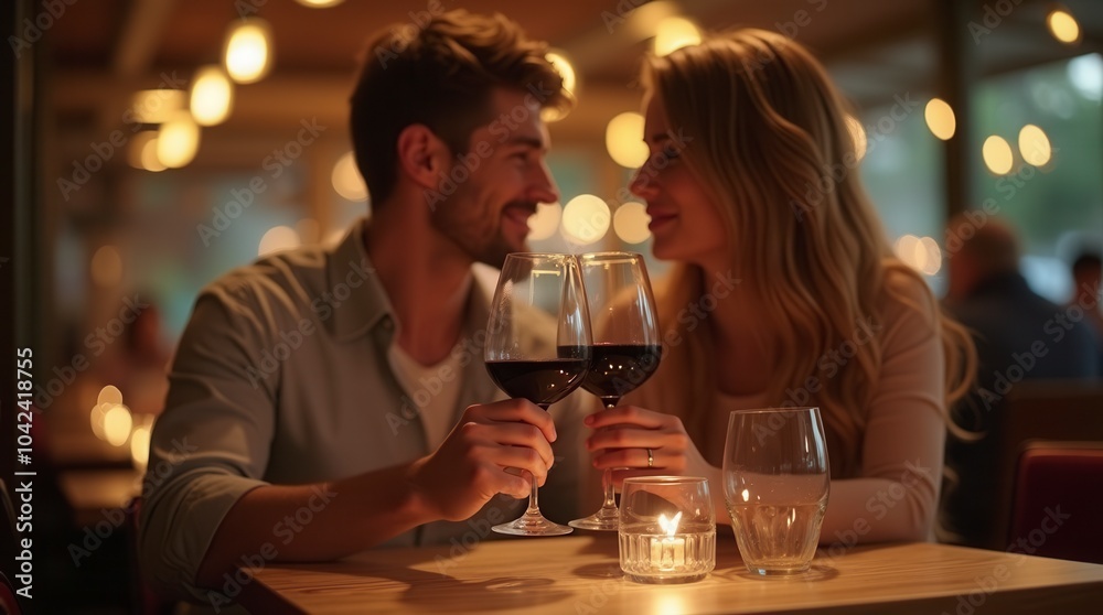 Young couple holding a glass of wine romantic scene in a restaurant Young couple holding a glass of wine romantic scene in a restaurant