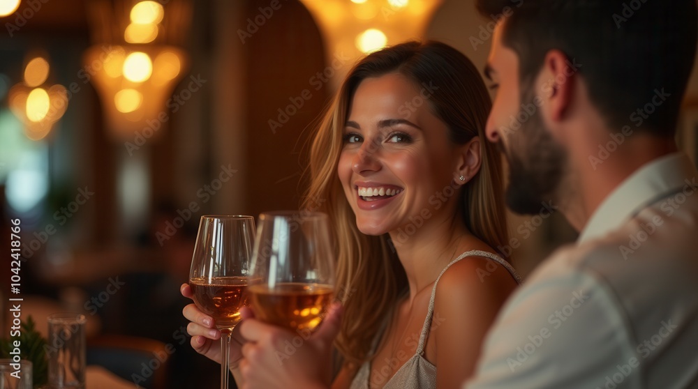 Young couple holding a glass of wine romantic scene in a restaurant Young couple holding a glass of wine romantic scene in a restaurant