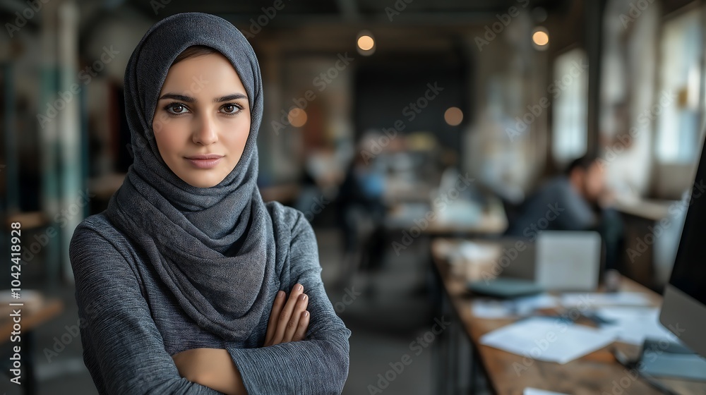 Portrait of a swedish hijabi in an swedish it class, sitting at a desk with a computer and documents, looking at the camera with a thoughtful smiling expression