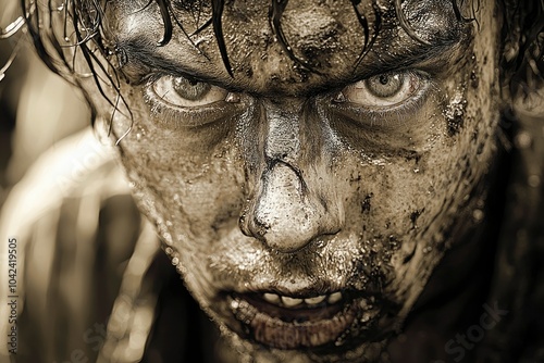 Close-up of a Mud-Covered Man's Face with Intense Eyes photo